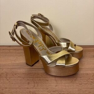 SAM EDELMAN Savannah Platform Dress Sandal Heels Amber Gold Leather Women Size 9